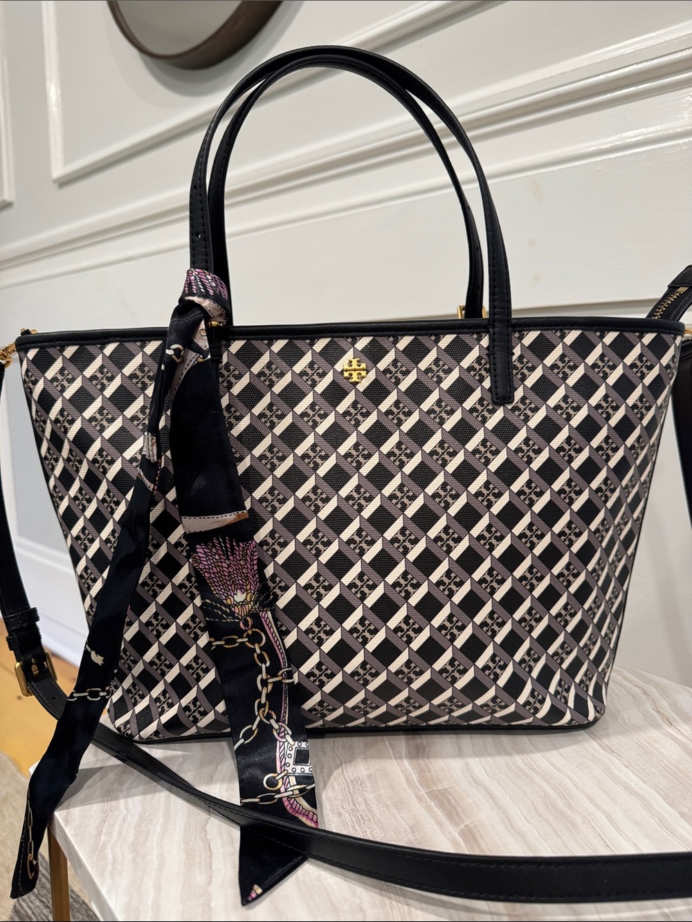 Tory Burch Bag Geo Logo Black & White Print Leather Tote Bag Satchel Crossbody - Picture 4 of 17